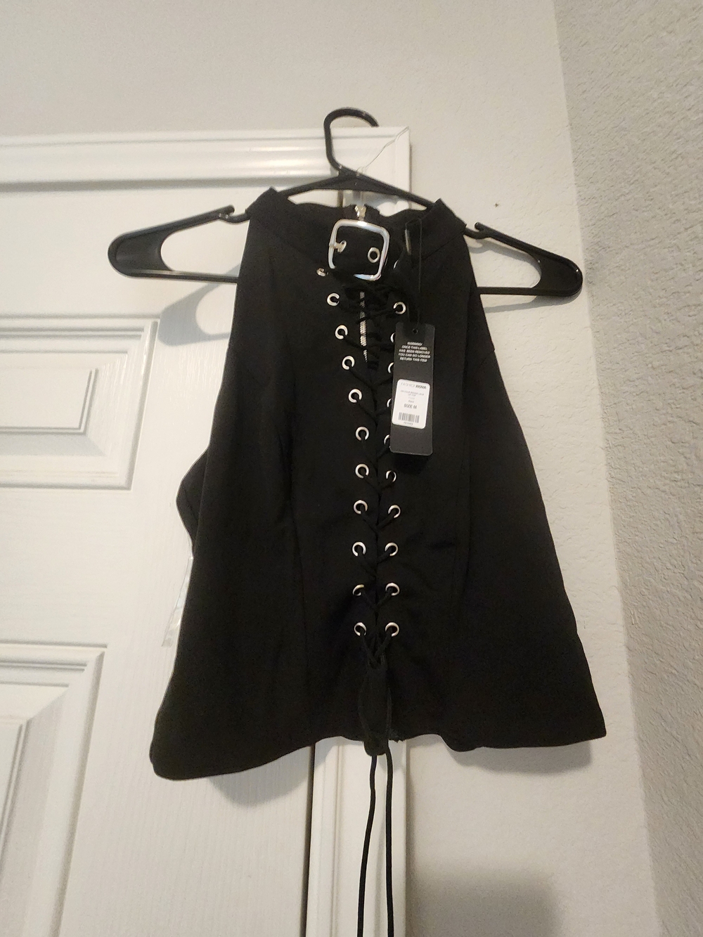 Fashion Nova Black Lace-Up Halter Crop Top with Buckle